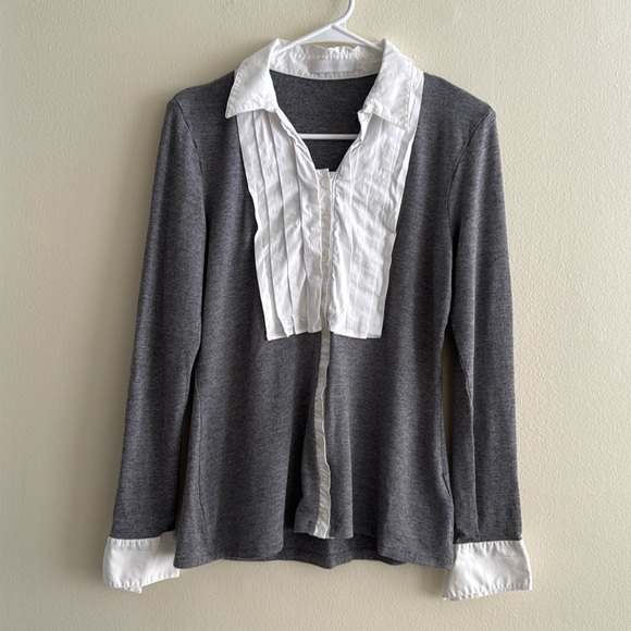 Anne Fontaine Tuxedo Pleated Front Grey White Collared Button Up Shirt - Picture 1 of 9